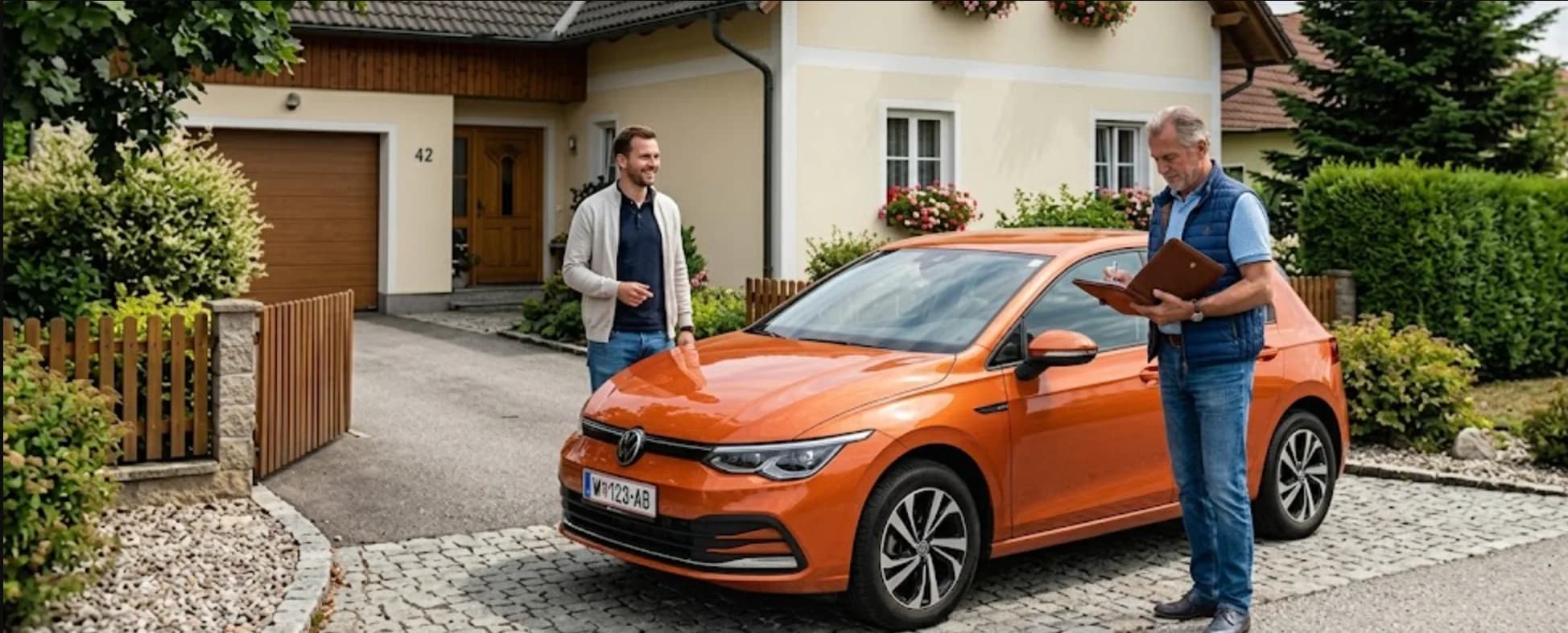 Prüfer mit Klemmbrett begutachtet ein Auto vor dem Verkauf